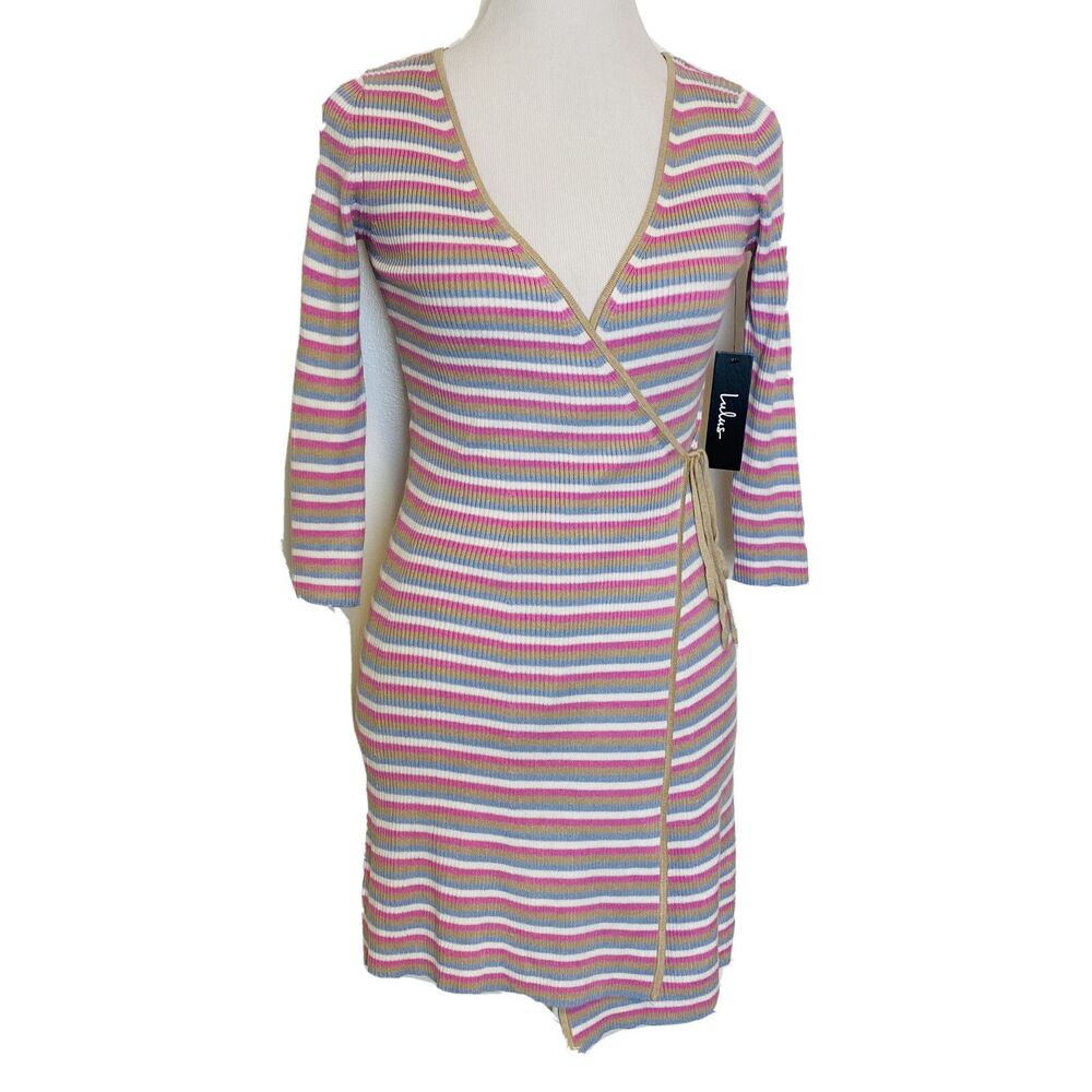 New Lulus Taupe Multi Striped Sweater Wrap Dress Size Small Womens Pink Blue